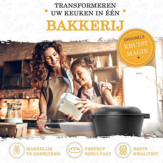 KRUSTENZAUBER Gietijzeren Topf voor het bakken van brood, geëmailleerd, inclusief gistingsmand - 26 cm emaille pan met accessoires - Ideaal als broodbakpan, broodpan, broodvorm met deksel, gietijzeren