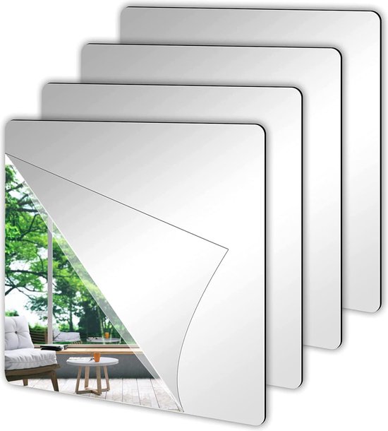 Spiegel Sticker Set - Zilverkleurig - 20CM - 4 Stuks - Deurspiegel - Plakspiegels Groot - Passpiegel - Wandspiegel - Acryl - Plakspiegel - Plakspiegels Groot
