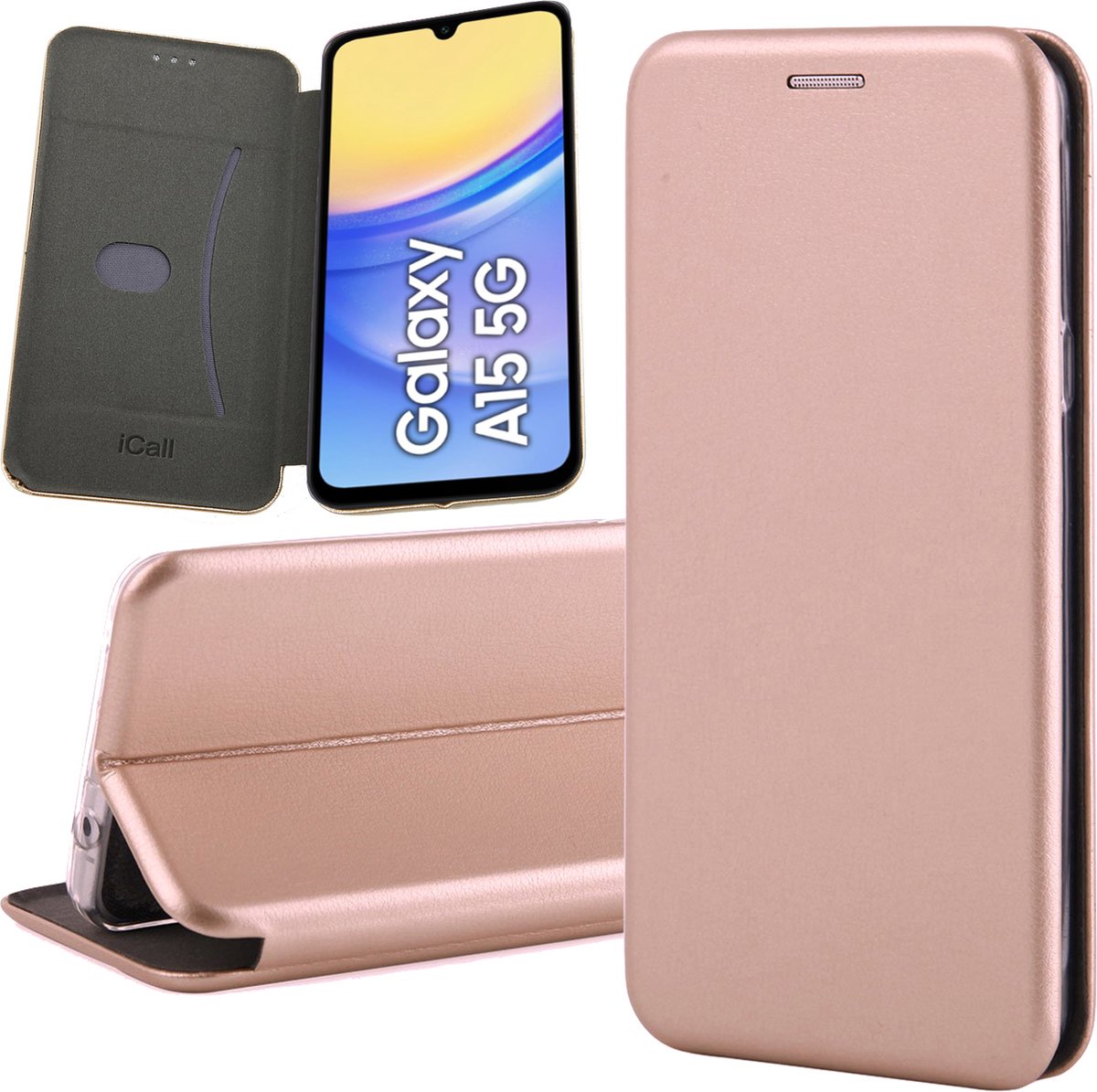 Hoesje geschikt voor Samsung Galaxy A15 - Privacy Screenprotector Volledig Dekkend Glas - Wallet Book Case Rosegoud