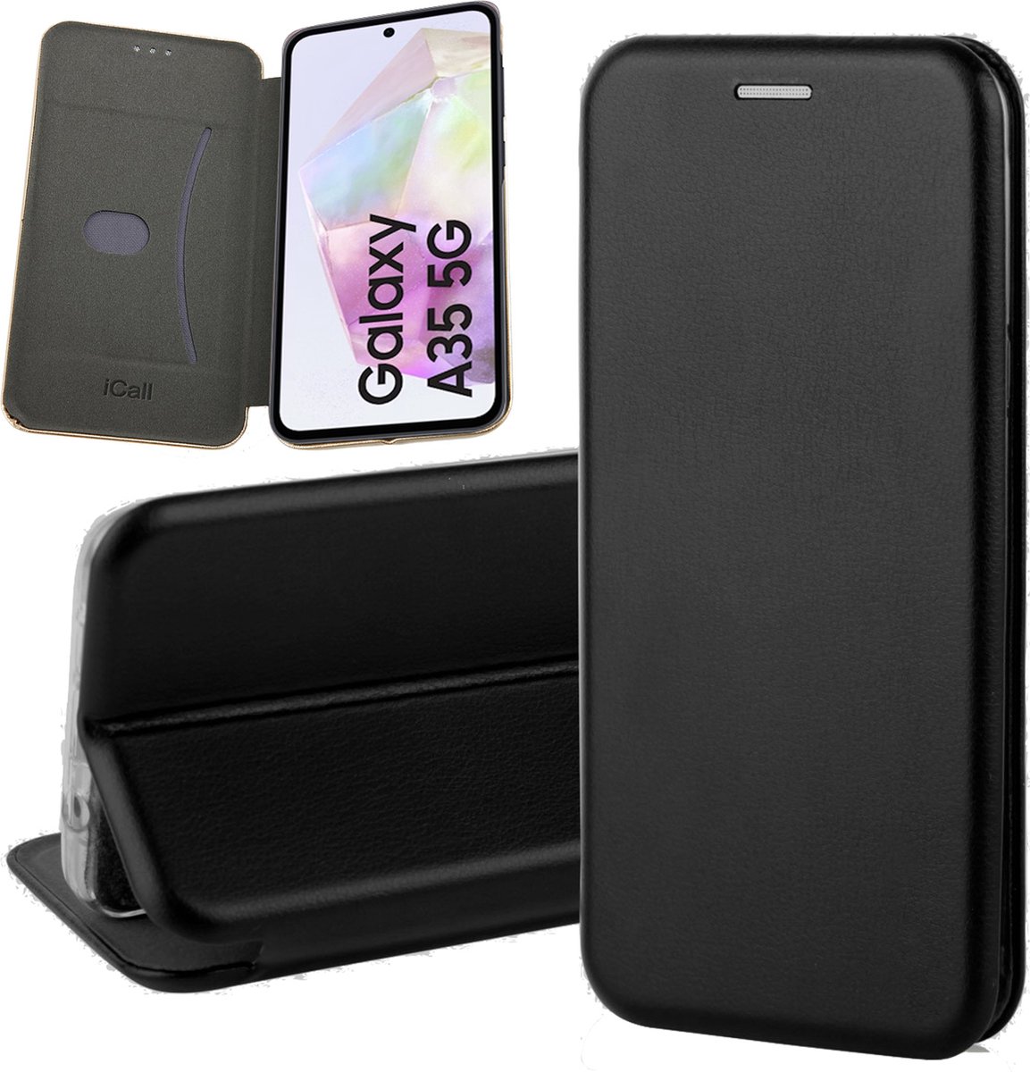 Hoesje geschikt voor Samsung Galaxy A35 - Screenprotector Glas - Wallet Book Case Zwart