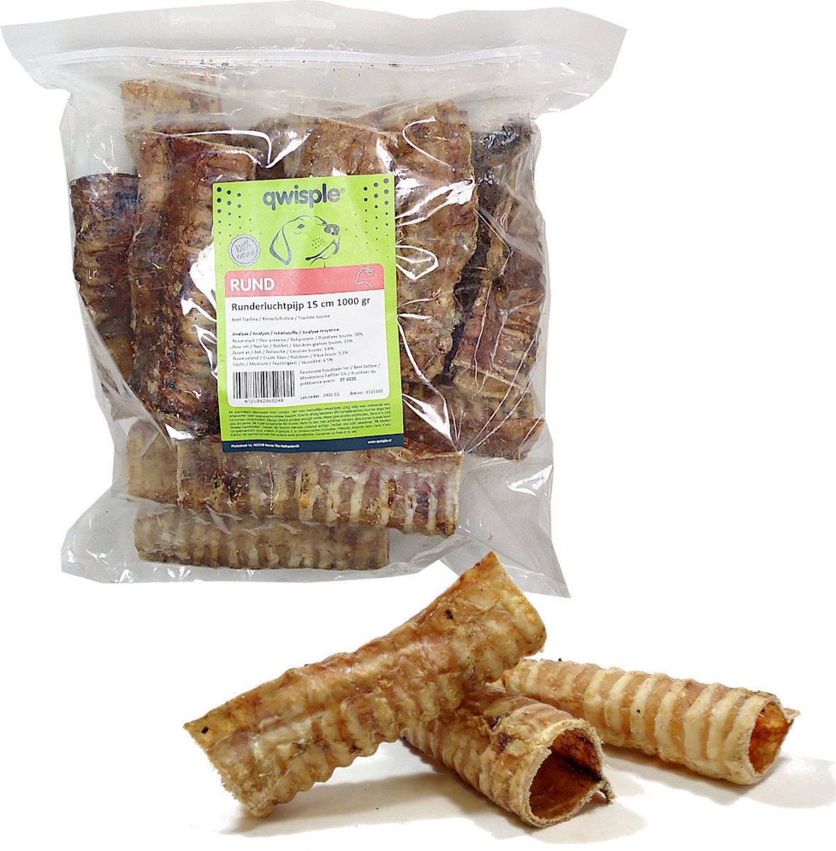 Qwisple Runderluchtpijp 15 cm - Natuurlijke Hondensnacks - 1000 gr