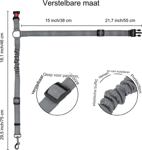 Honden hoofdsteun autogordel - Verstelbare elastische autogordel voor huisdieren - 75CM - Autoharnas voor honden en katten - Sterke nylon bungee buffer - Autogordels voor honden - Veiligheidsriem voor huisdieren - Grijs