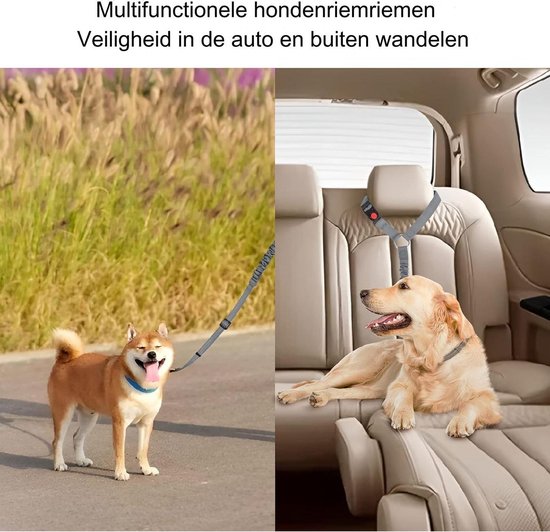 Honden hoofdsteun autogordel - Verstelbare elastische autogordel voor huisdieren - 75CM - Autoharnas voor honden en katten - Sterke nylon bungee buffer - Autogordels voor honden - Veiligheidsriem voor huisdieren - Grijs