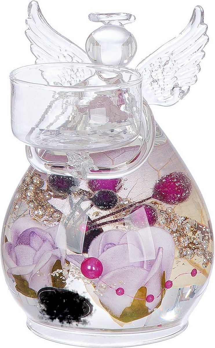 Beschermengel met Waxinelichthouder - glas met ingelegde bloemen kleur verwegend paars 12x8 cm
