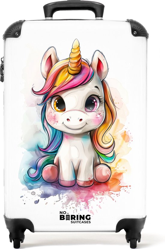 NoBoringSuitcases.com® - Valise cabine enfant Licorne blanche avec crinière colorée et éclaboussures de peinture - Bagage à main - Valise de voyage - Valise chariot - Valises 55x40x20 cm - 55x35x25 cm