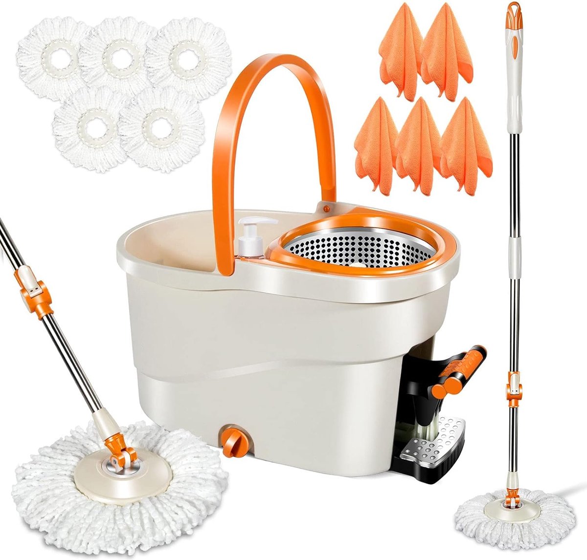 Goedkoopste Dweil mop met Emmer - Set met Centrifugersysteem - 5 Microvezel Reservekoppen - 145 cm Telescoopsteel - Uitwringfunctie