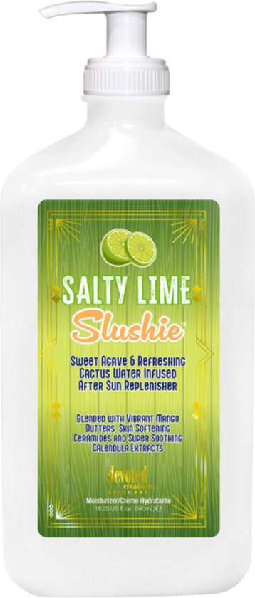 Flacon pompe blanc avec une étiquette verte "SALTY LIME Slushie", ornée de quartiers de lime.