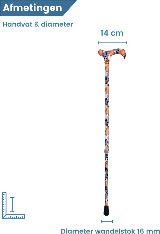 Wandelstok met kattenprint, handvat van 14 cm breed, totale lengte 73-95 cm, diameter 16 mm.
