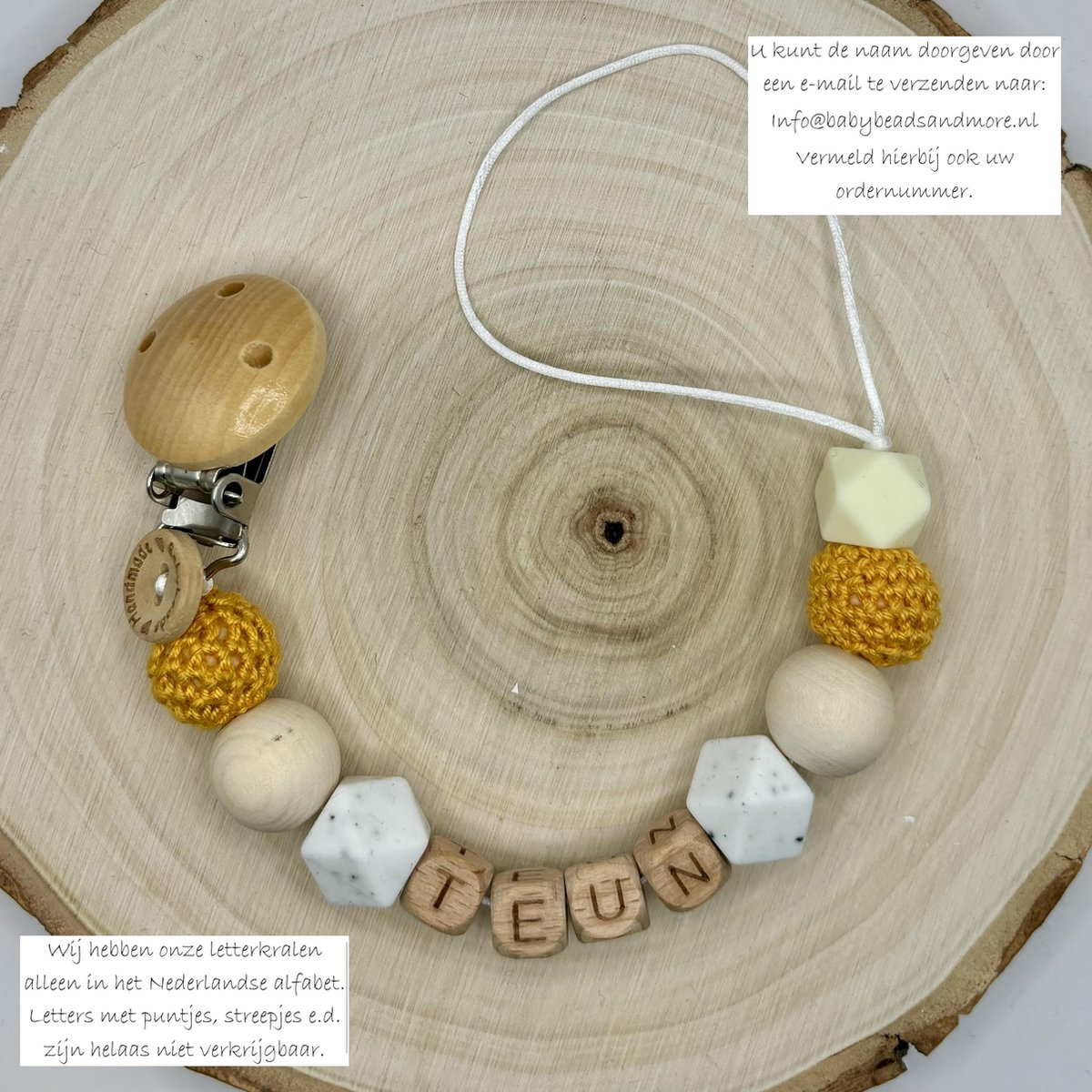 Goedkoopste Babybeads - Speenkoord met naam - Okergeel - Gepersonaliseerd kraamcadeau