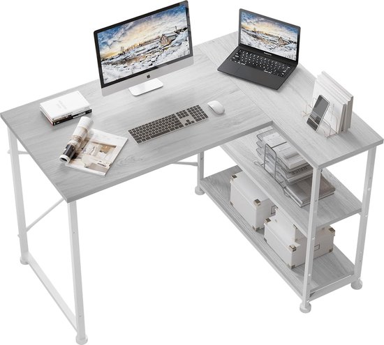 Bestier Gamingbureau van 42 liter, computerbureau met stopcontacten, LED- verlichting, omkeerbaar hoekbureau met planken met 4 niveaus, bekerhouder en haak voor thuiskantoor, koolstofvezel roze