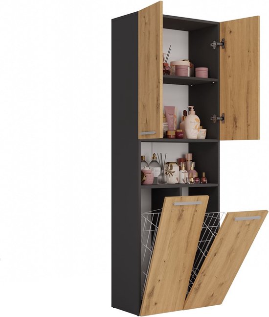 Badplaats Badkamerkast Elano 46 X 38 X 154 Cm - Eiken Met Hoogglans Wit Hangende Kolomkast Met 2 Lades En 1 Deur 2