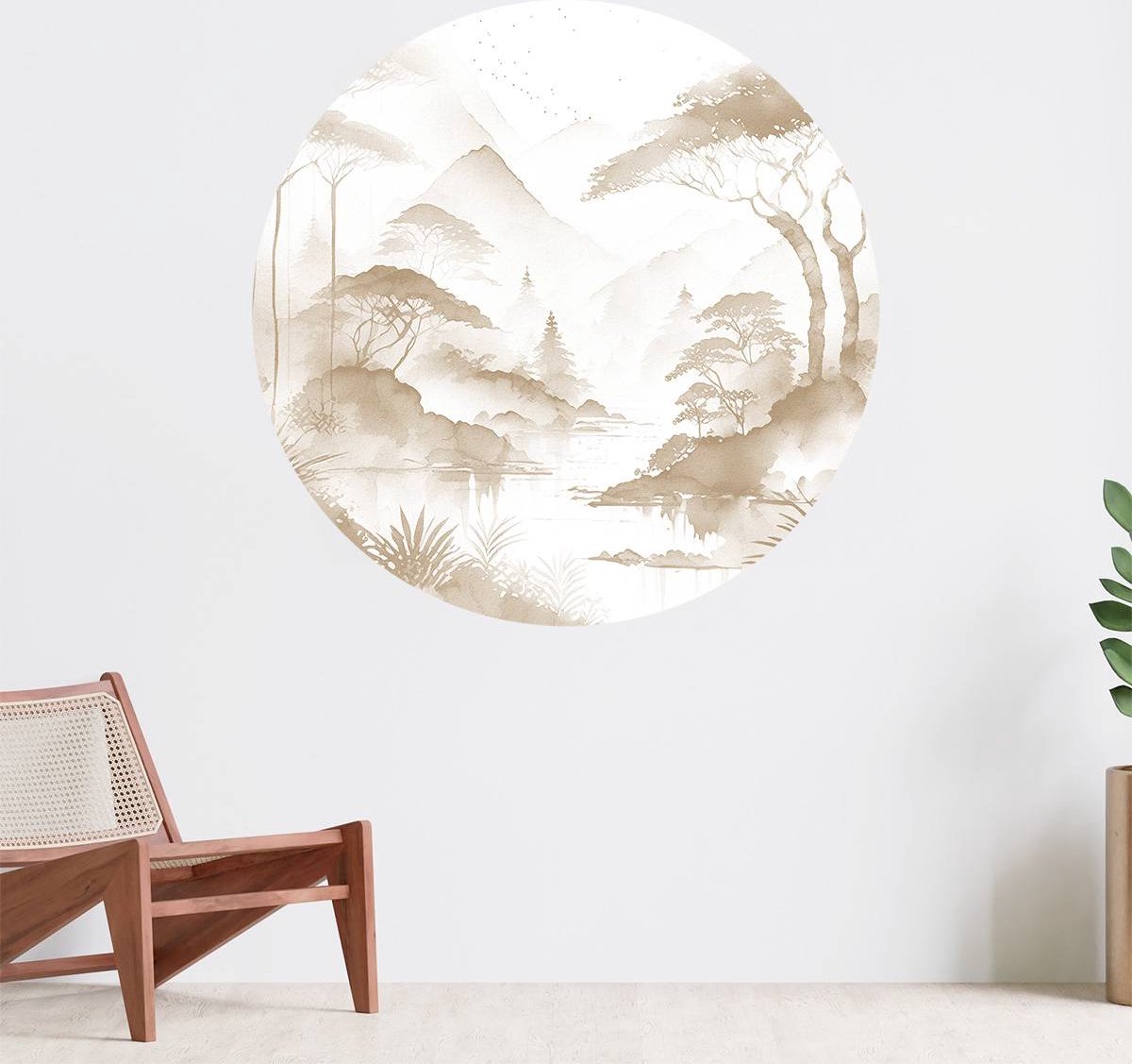 Muurcirkel zelfklevend behang - Bergmeer in Nevelige Inkt, taupe - Wanddecoratie - 120cm behangcirkel - Ronde sticker voor aan de muur - Behangsticker verkrijgbaar in verschillende formaten
