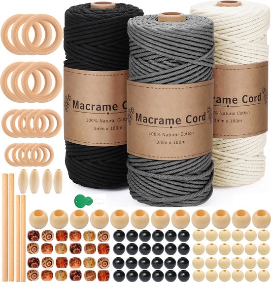 Macramé 3mm 300 Meter Touw Compleet Pakket met Houten Ringen en Kralen - Hobby DIY Natuurlijk Katoen Koord\Garen voor Wandkleed en Plantenhanger Zelf Maken -Volwassen\ Kinderen Knutselen Set voor Macramé & Sieraden Handwerk -Wit\Zwart -Incl. E-boeken