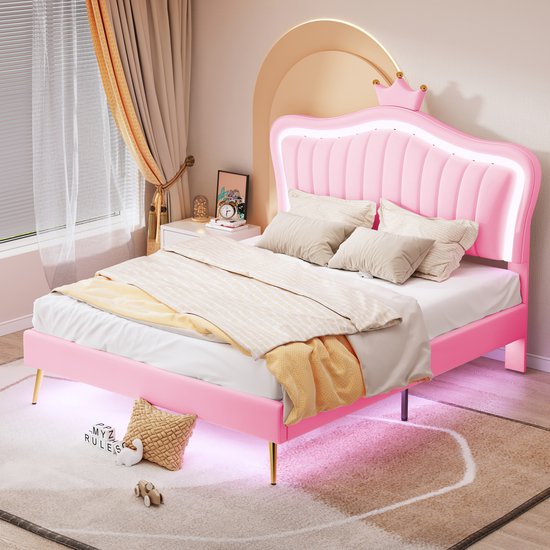 Foto: Sweiko 140 x 200 cm gestoffeerd bed meisjesbedframe kroon pu lederen dubbel bedframe met led verlichting flat noedles frame en rugleuning excl matras roze