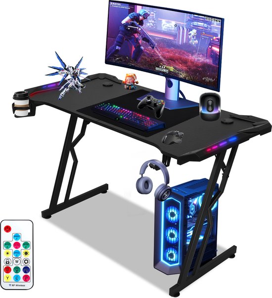 Game Bureau 140x60x75cm - Gaming Bureau met LED Verlichting - Gaming desk RGB - Zwart - Computertafel met Koptelefoonhouder, bekerhouder & kabeltunnel - Incl. Gaming Muismat ( 72x56cm ) - Z-Vormig Gaming Tafel met afstandsbediening