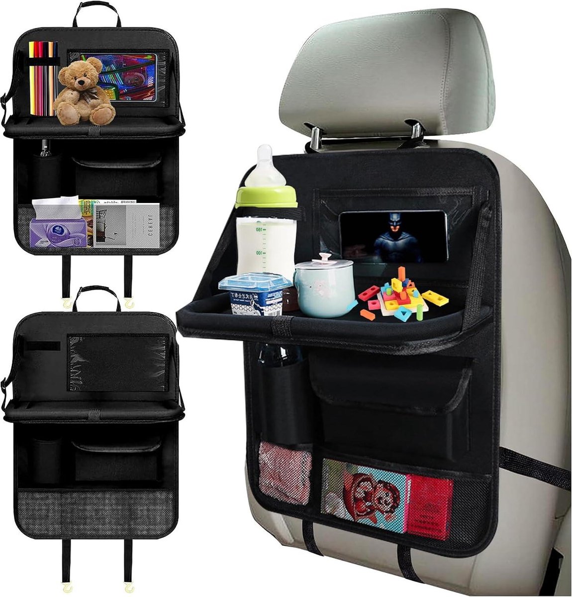 Organisateur Voiture Enfant 2 Pièces - Table Rabattable, 18 Poches - Tissu Oxford Imperméable - Pour Siège Auto - 2