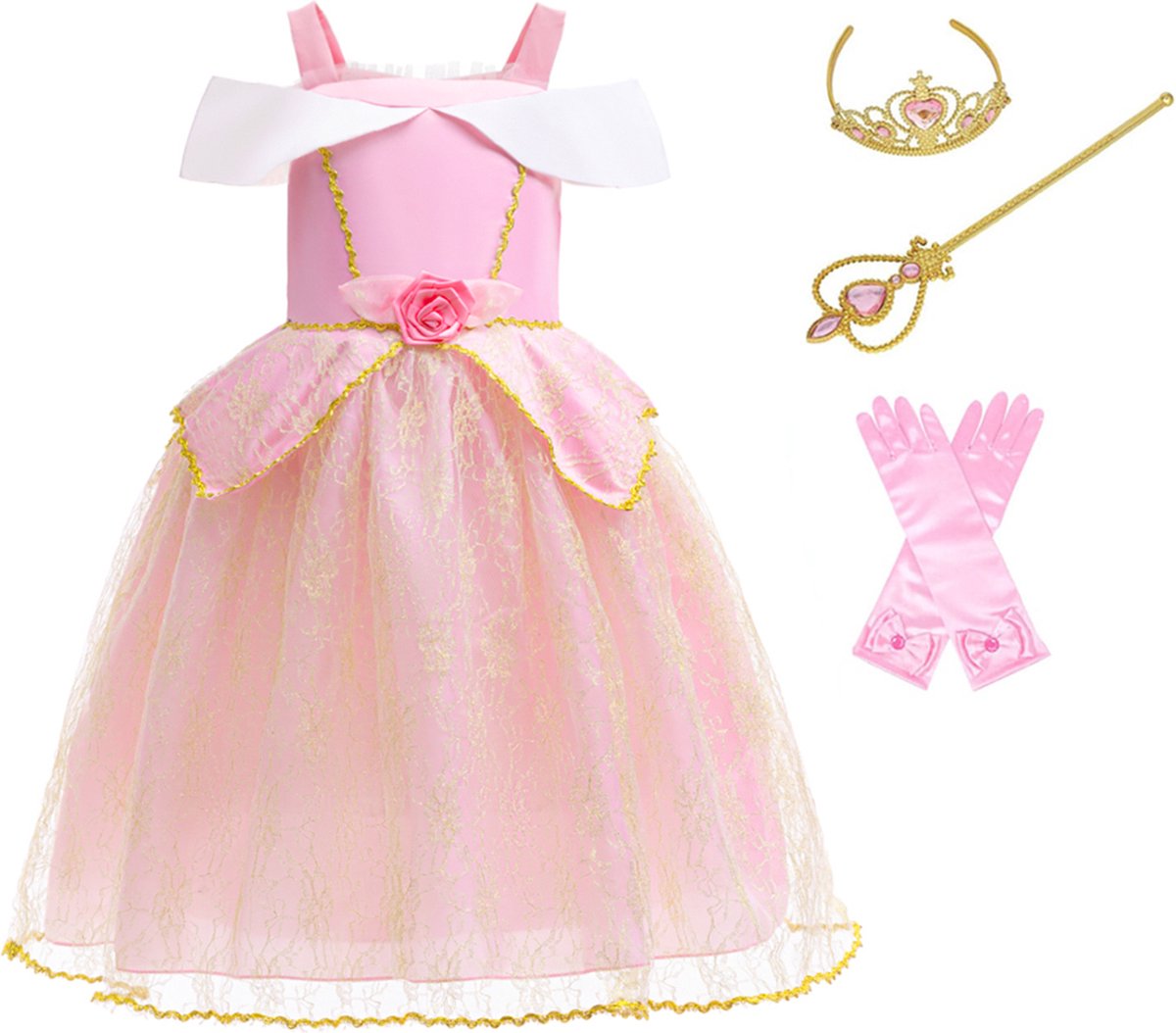 Prinsessenjurk meisje - verkleedkleren meisje - maat 122/128 - toverstaf goud - tiara roze - handschoenen