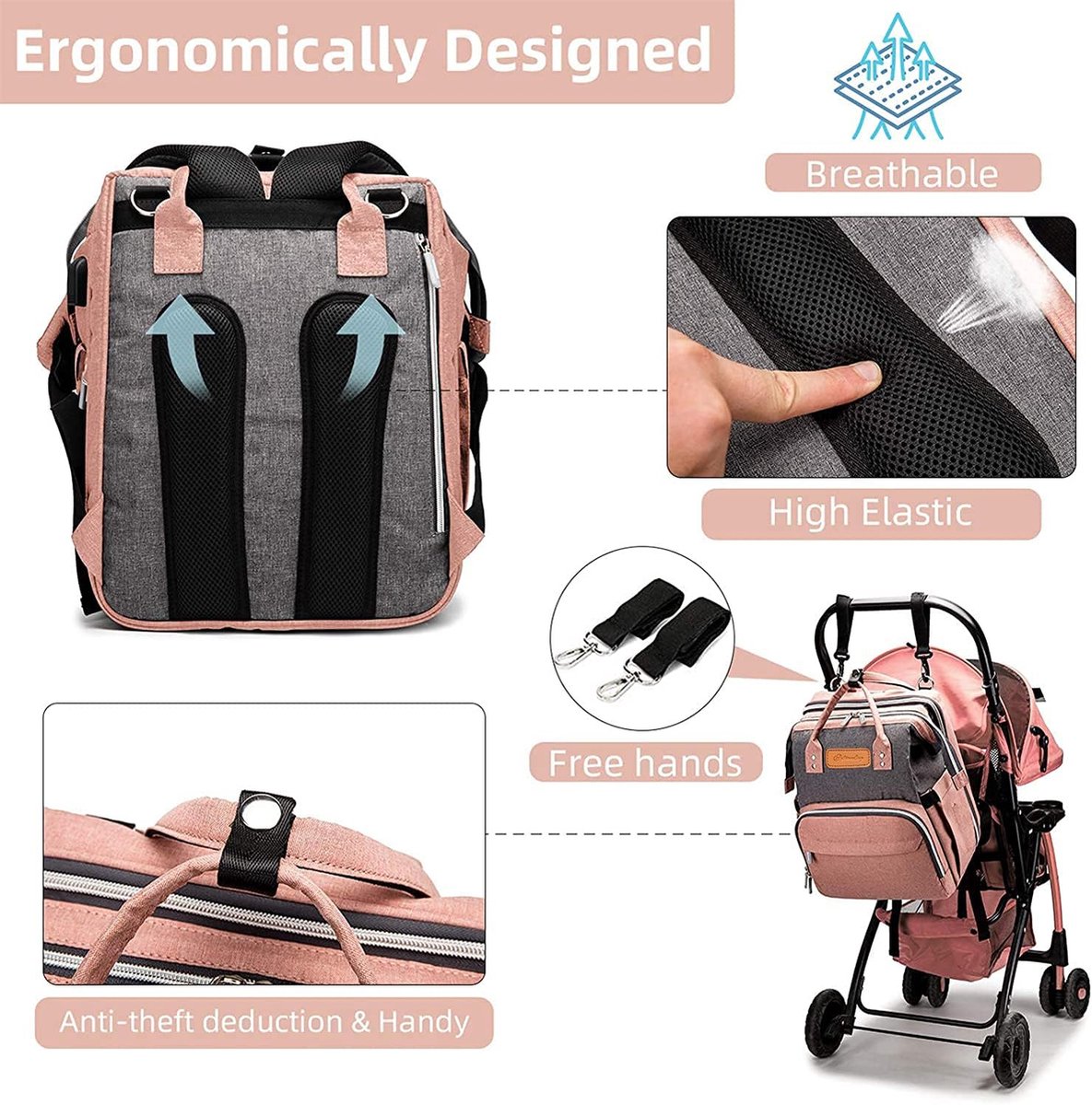 Rugzak verschoontas, Mancro luiertas baby luier rugzak veranderende mat voor mama en papa, organisator multifunctionele waterbestendige reisrugzak kinderwagenriemen geïsoleerde zak voor babyverzorging, grijs, Grijs