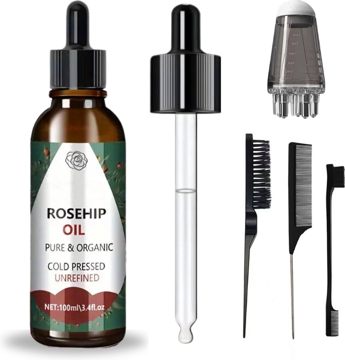 PureOil Rozenbottelolie 100ML rosehip oil rozenbottelolie 100% Puur & Natuurlijk Incl. Applicator + Olie kammen Anti Acne Haargroei Anti Pluis Anti Roos Vermindert ontstekingen