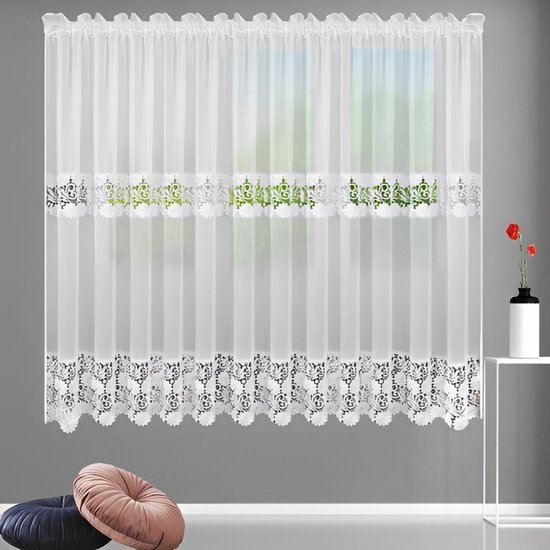 Glow Thuis - vitrage met blauwtint guipurekant - kant en klaar - plooiband - wit - 400x190 cm