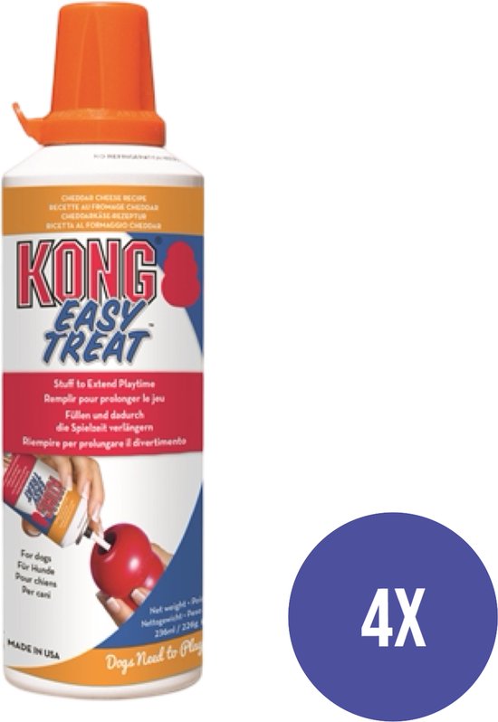 KONG Easy Treat Cheddar Kaas spuitbus met oranje dop, op de bus staat KONG EASY TREAT in rode letters, met een illustratie van een rode bal.