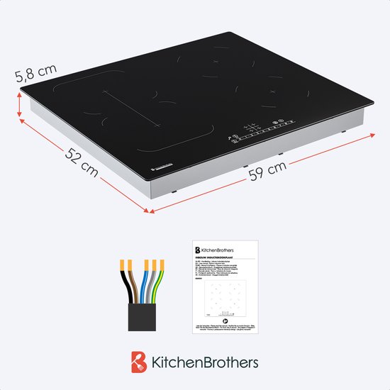 Plaque de cuisson à induction noire de 59 cm de large, 52 cm de profondeur, 5,8 cm de haut, avec câblage.