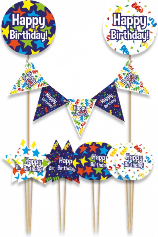 Set van 9 taartdecoraties, waaronder rondjes, vlaggetjes en sterren met 'Happy Birthday' tekst en kleurrijke sterren.
