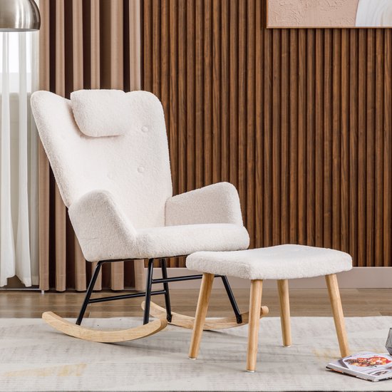 Sweiko Schommelstoel - Teddy fauteuil - Met hoofdsteun + hocker - Belastbaar 100kg - Wit