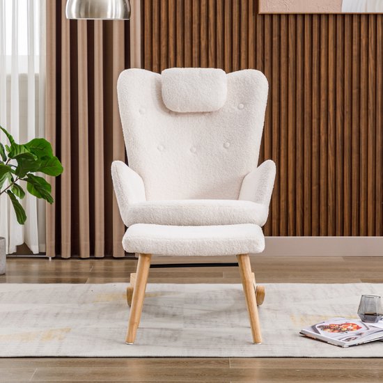 Sweiko Schommelstoel - Teddy fauteuil - Met hoofdsteun + hocker - Belastbaar 100kg - Wit