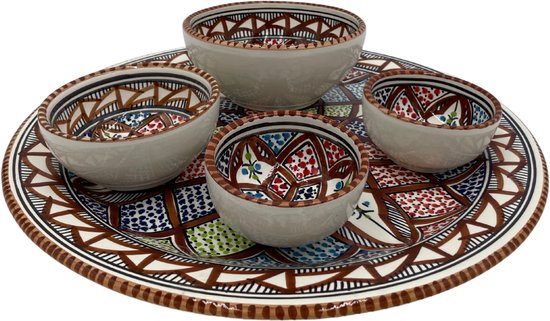 Service Tapas Party 5 pièces en faïence marron, assiette à snack 5 pièces et bols marron et blanc | TP.PY.MAR | Plats & Déco