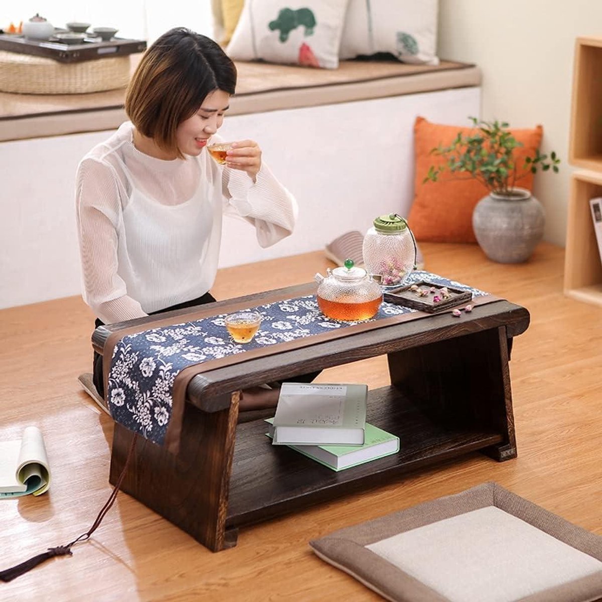 zhcaji LIYING Houten lage theetafel Japanse stijl antiek houten