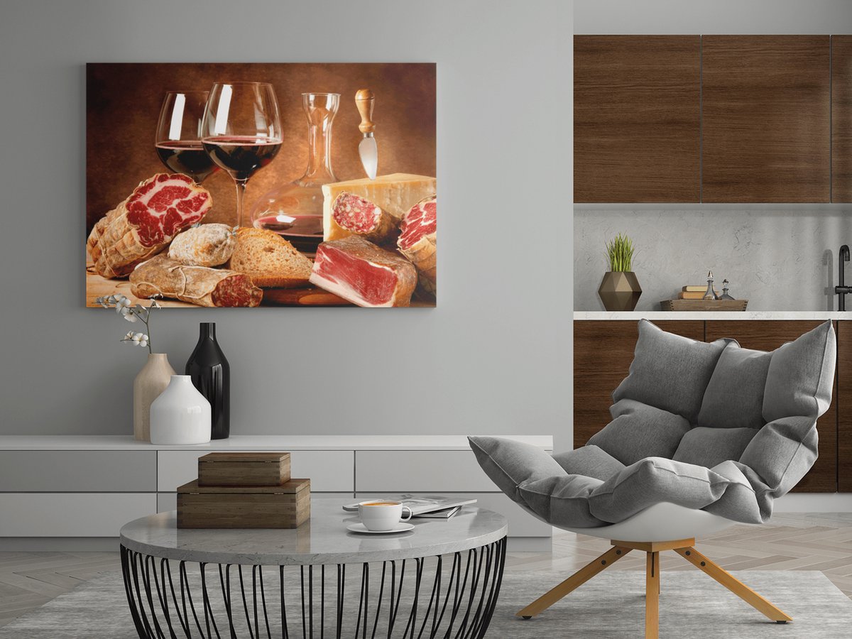 Trendex Global Canvas Schilderij - Rode Wijn - Vlees - Kaas - Eten - Drinken - 60x40x2 cm Bruin