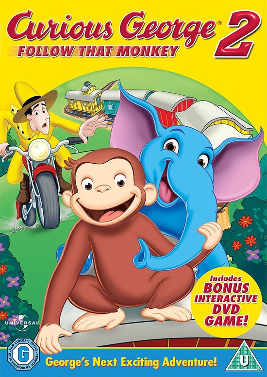 Curious George 2: Volg die Aap! DVD-hoes met George, Ted en een blauwe olifant. Inclusief bonus interactieve DVD-game!