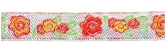 Foto: Hobbyband sierband lint roosjes bloemen rood oranje 12mm 5 meter per rol