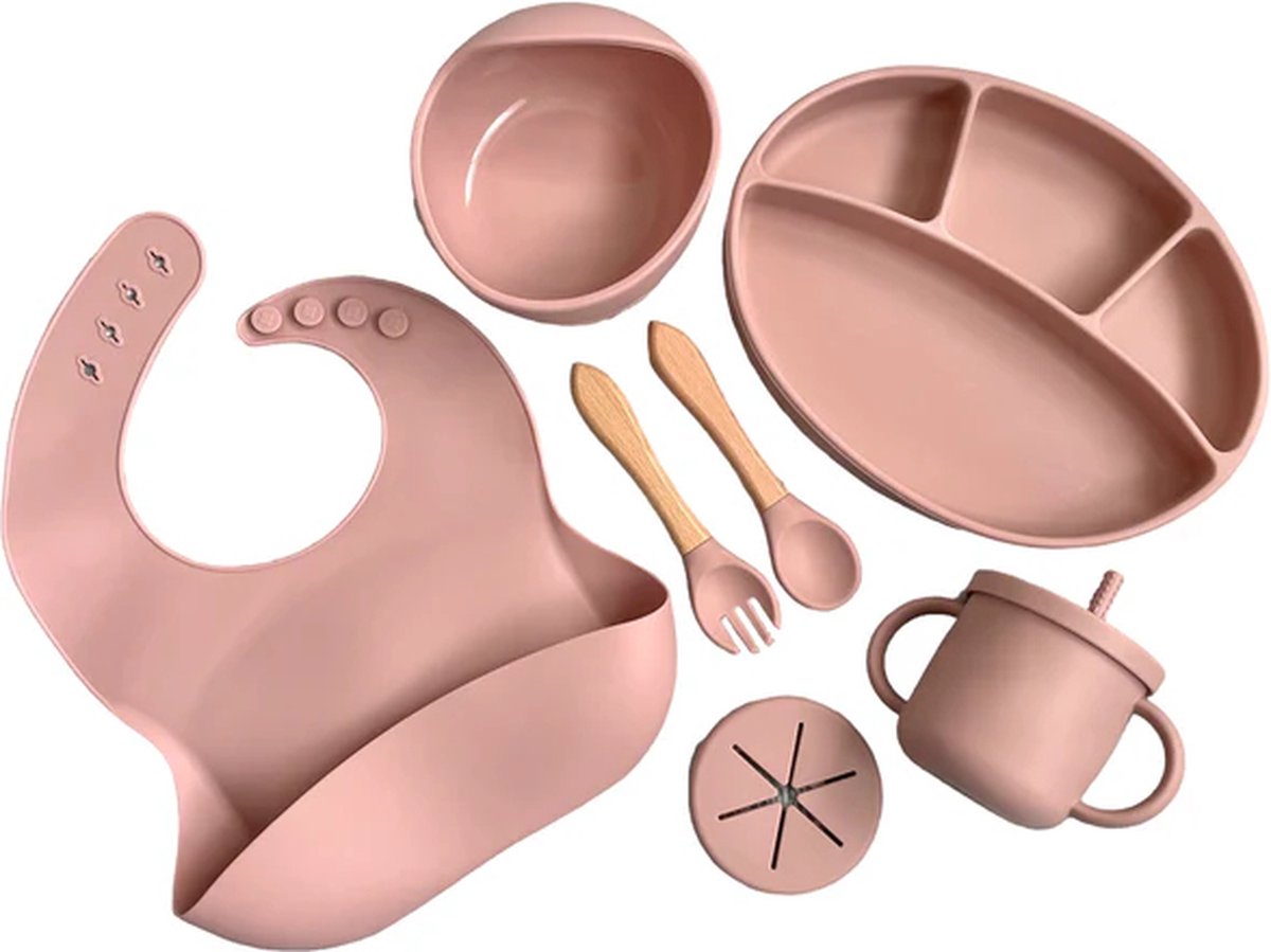 Goedkoopste Igoods Babyservies - Kinderservies - Met Placemat - Siliconen - Antislip - 10-delig - Onbreekbaar - Vaatwasserbestendig - Magnetronbestendig - Vriesbestendig - Roze