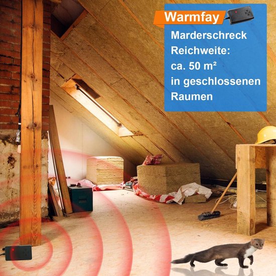 Foto: Warmfay marterverjager ultrasoon geluid anti gewenningseffect 50 m marterafweer huis marterval zolder schuur garage kelder marterverjager auto