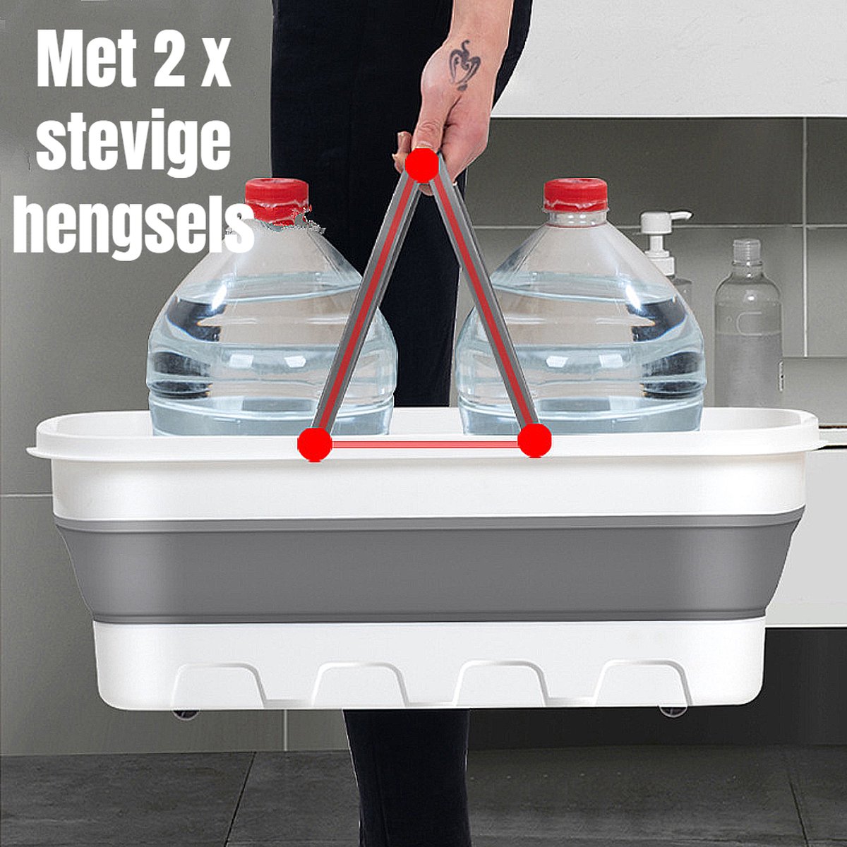 Goedkoopste Allernieuwste.nl® Opvouwbare Dweil Emmer met Wieltjes en 2 Hengels - Wit/Grijs - Inklapbaar Dweil Systeem voor Efficiënt Schoonmaken