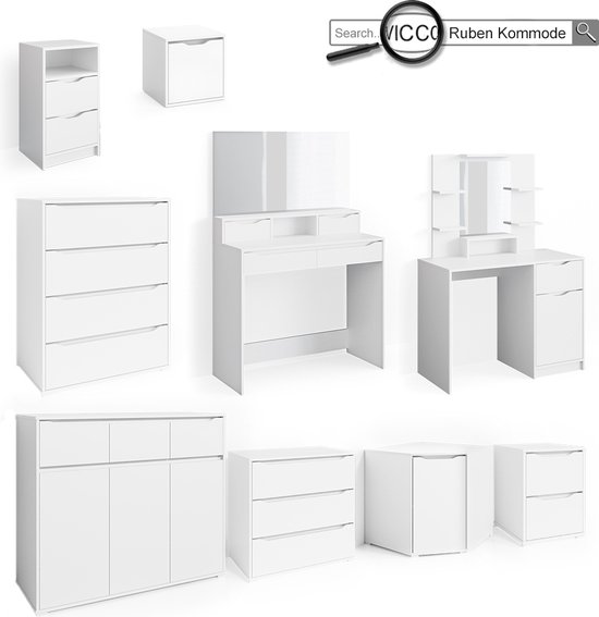 Vicco Dressing table set with stool Ruben, White, 60 cm with LED lighting and stool