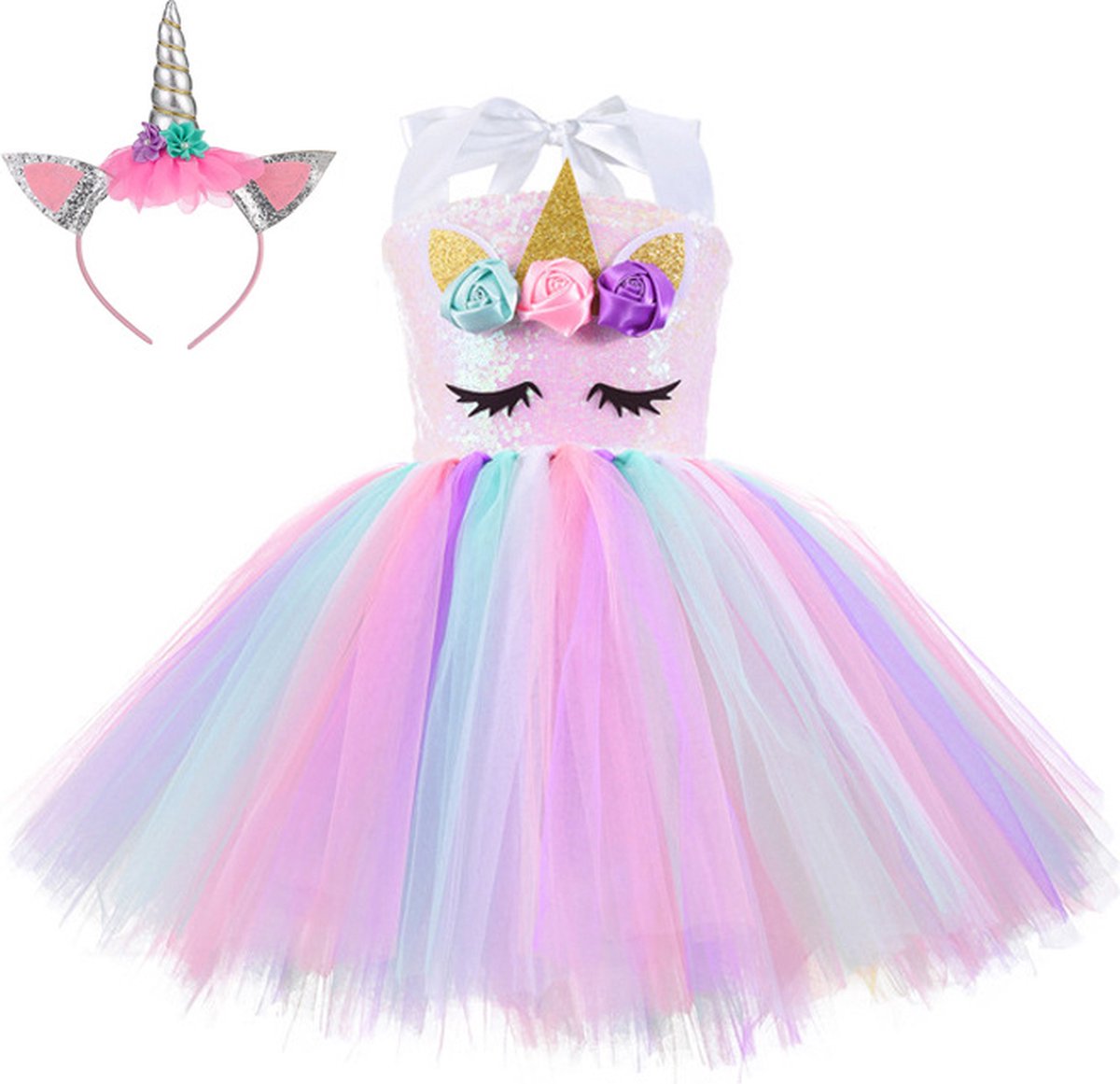 Joya Kids® Luxe Witte Eenhoorn Verkleed Jurk met Pailletten | Unicorn Jurk kostuum | Prinsessen jurk verkleedjurk + Haarband | Jurk met pastel tule rok | cadeau meisje | — afbeelding 2