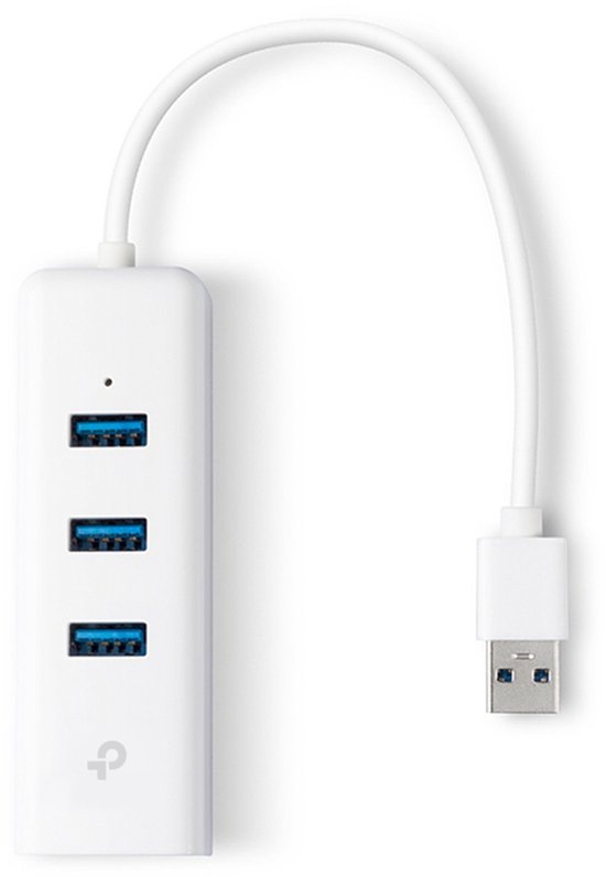 Witte USB 3.0 hub met 3 poorten en een Gigabit Ethernet-poort. Met USB-A kabel.