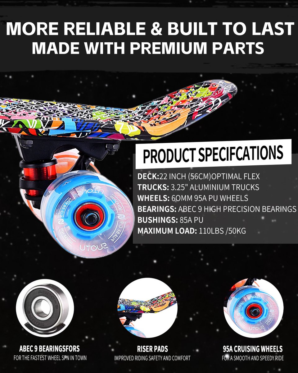 Suotu Skateboard- Wielen met LED-verlichting - ABEC-9 - Tot 50 kg - Skateboard Meisjes/jongens - Skateboard Volwassenen - Cadeau — afbeelding 2