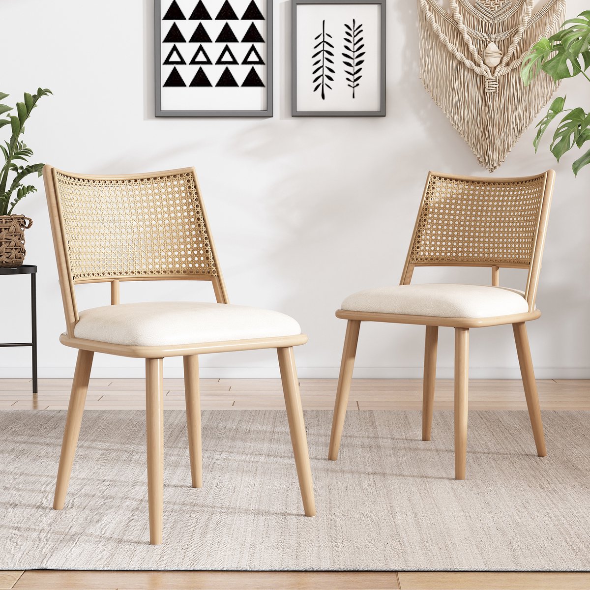 Sweiko Eetkamerstoel, 2-delige set, PU Zitdecoratie, Rotan Geweven Rugleuning, Retro natuurlijk, woonkamer, slaapkamer stoel, Beige(Tafel niet inbegrepen)