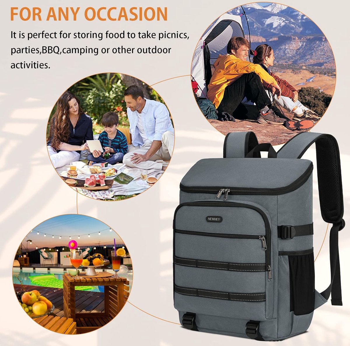 30 liter koelrugzak, waterdichte geïsoleerde koeltas, grote picknickrugzak, lichte lunchtas, rugzakken, coole tas voor camping, BBQ, wandelen, picknick, grijs