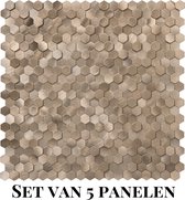 Wallways Wandpanelen - Plaktegels - Set van 5 Tegels - Tegelsticker - Zelfklevende Tegels - 4MM dik - Aluminium toplaag - Waterdicht - Krasbestendig - Hittebestendig - 3M Kleeflaag - Hexagon Mini Bronze