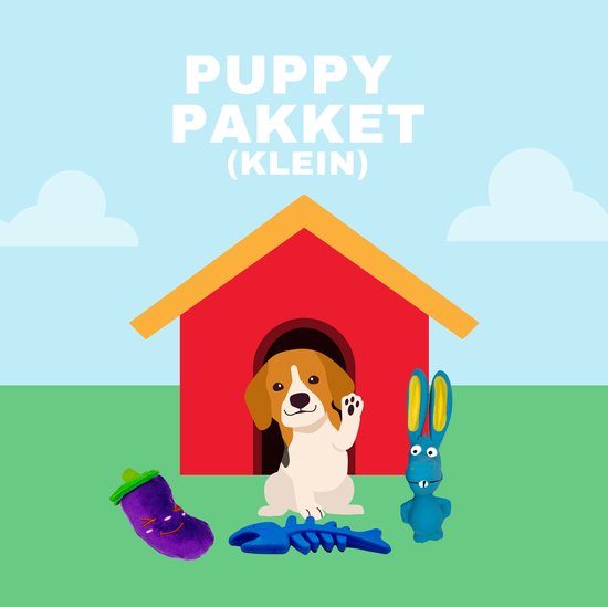 Beagle hondje bij een rood hondenhuisje, met speelgoed: paarse aubergine, blauwe ezel en blauwe visgraat. Puppy pakket.