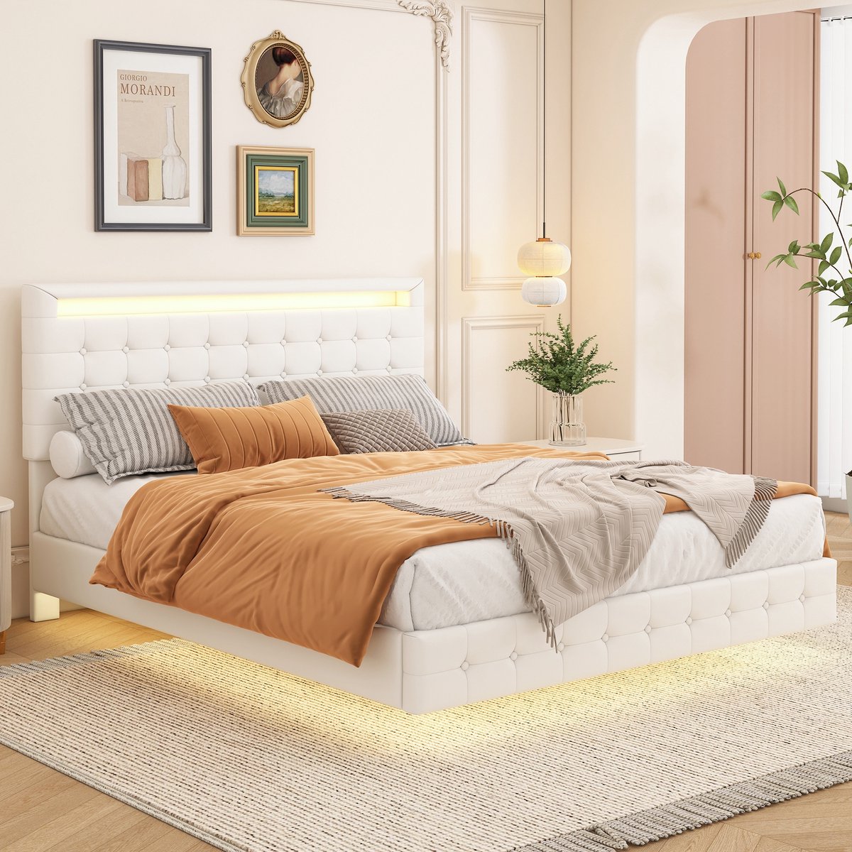 Sweiko 140*200cm Tweepersoonsbed, LED omgevingslicht, 24-Knopafstandsbediening, Drijvende ontwerpstijl, PU Materiaal, 3-traps hoofdeinde hoogteverstelling, Wit