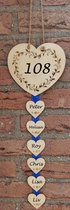 Houten hartvormige tekstladder gepersonaliseerd met uw eigen tekst - Blauw lint - Hangbord - Huisnummer - Naambord - Eigen naam - 6 bordjes