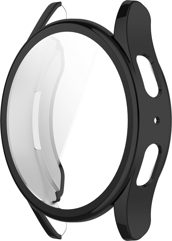Zwart TPU hoesje voor een smartwatch, van de zijkant gezien. De screenprotector is transparant.
