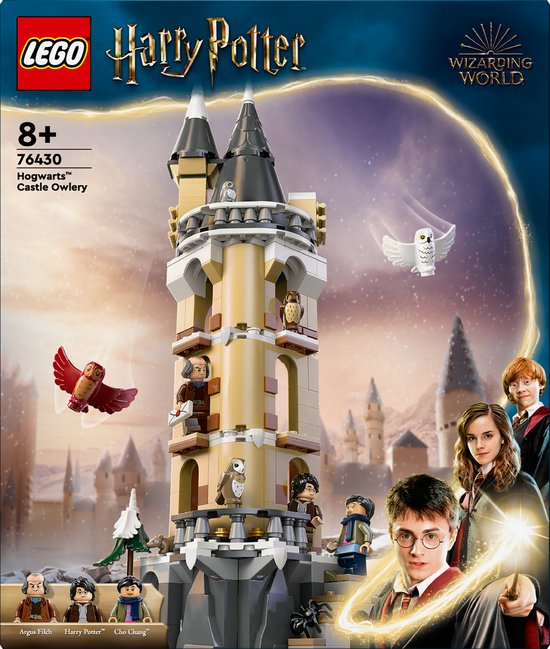 Boîte du set Lego Harry Potter Le Château de Poudlard L'aile des Hiboux avec Harry, Hermione et Ron.