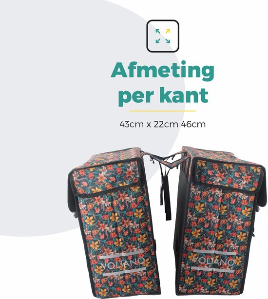 Voltano Dubbele Fietstas XXL - Floral Fiestas - Zwart Met Kleurrijke Bloemen - 60 Liter - Waterdicht - Universele bevestiging - Grote Fietstassen Elektrische Fietsen
